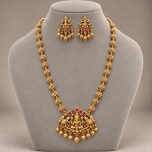 Long Gold Bead Haaram with Temple Pendant