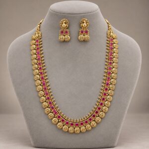 Long Rose Stone Necklace with Bead Fringe
