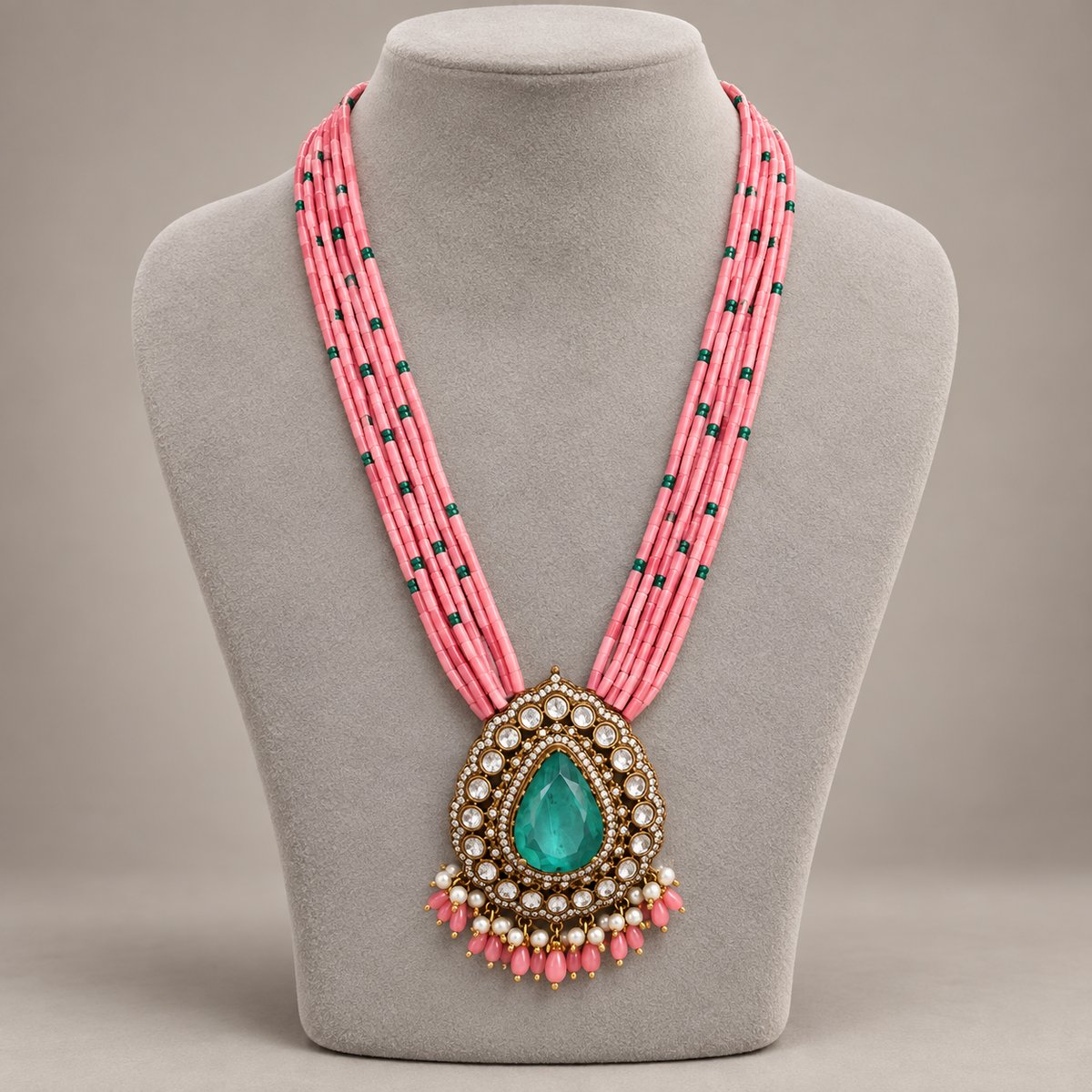 Coral Bead Necklace with Green Centre