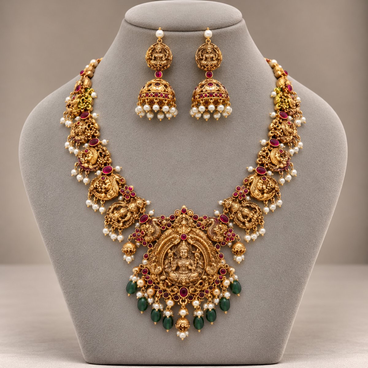 Temple Necklace with Green Bead Fringe