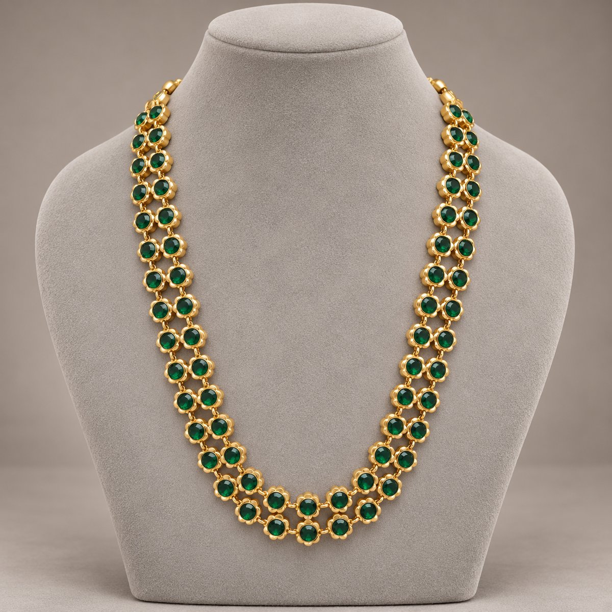 Double Row Green Stone Long Necklace